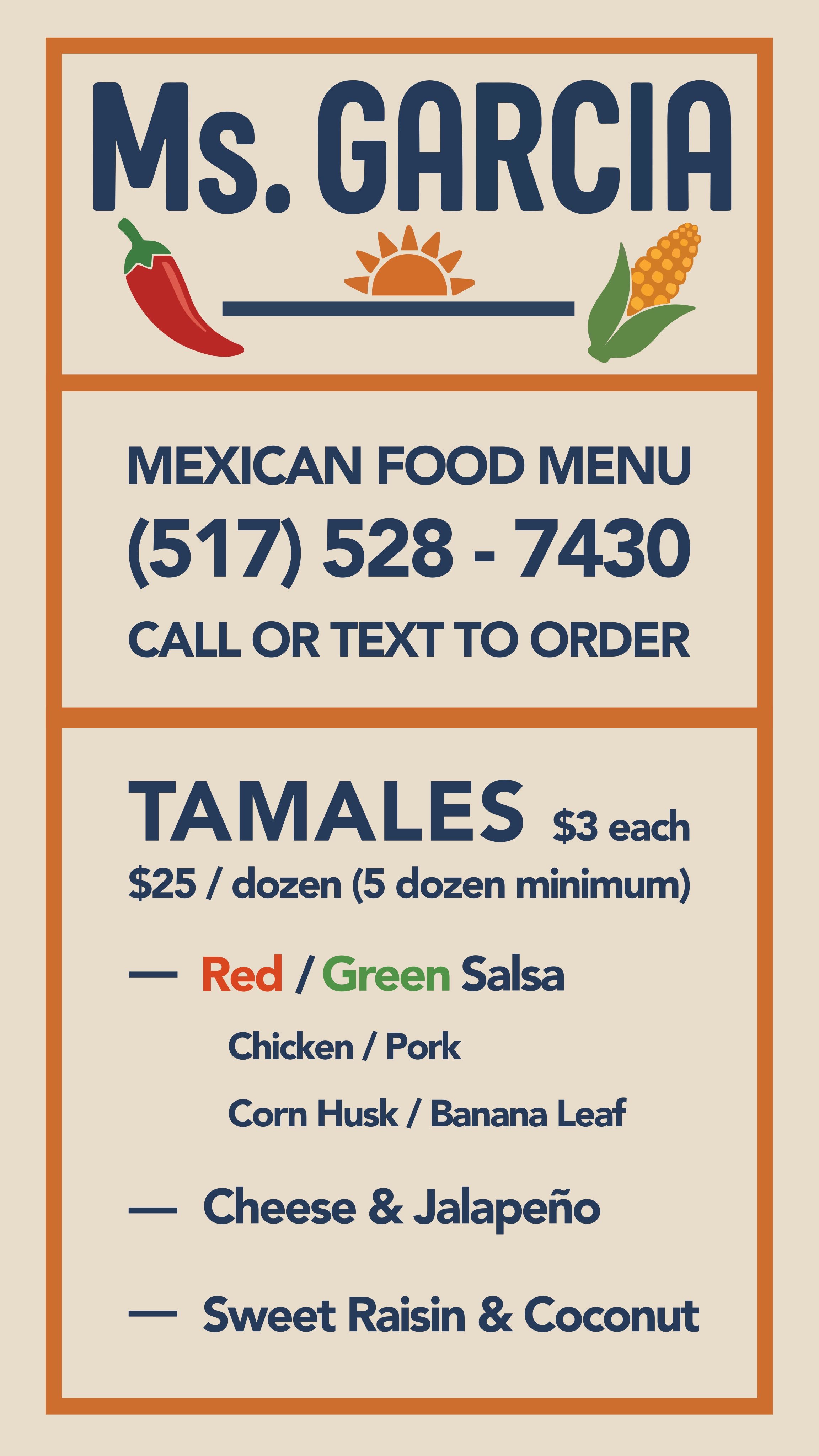 Ms. Garcia Tamales menu